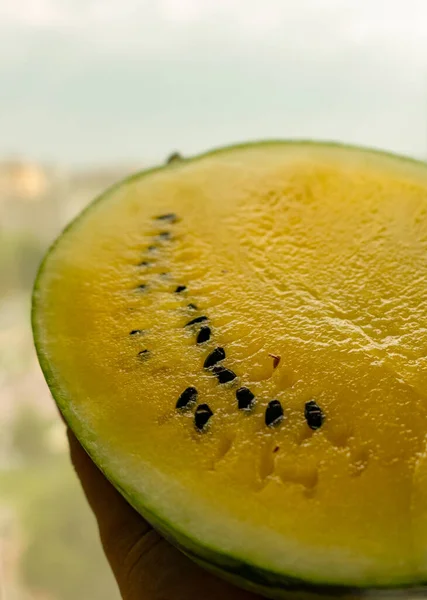 Slices Yellow Watermelon Black Seeds Close — Stock Photo, Image