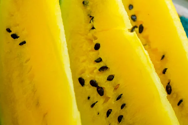 Slices Yellow Watermelon Black Seeds Close — Stock Photo, Image