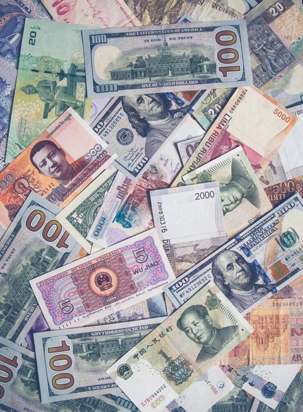 Billetes Organizados Caóticamente Diferentes Países Antecedentes Facturas Caóticamente Dispersas —  Fotos de Stock