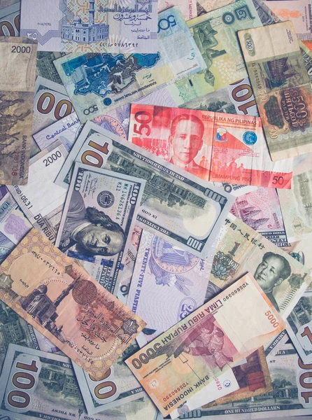 Billetes Organizados Caóticamente Diferentes Países Antecedentes Facturas Caóticamente Dispersas —  Fotos de Stock