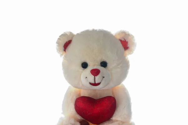 Urso Pelúcia Branco Fofo Com Coração Branco — Fotografia de Stock