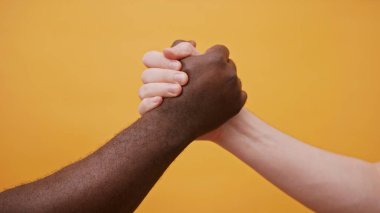 Siyah ve beyaz eller, turuncu arka planda izole bir şekilde el ele tutuşuyorlar. Kapat.