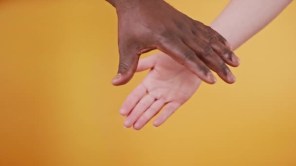 Mains noires et blanches se tenant ensemble isolées sur le fond orange. Gros plan — Video