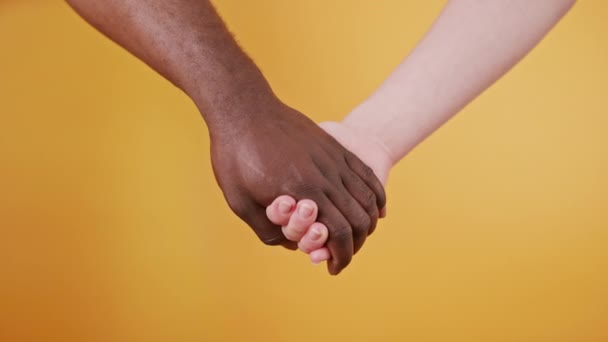 Zwart-wit handen houden elkaar geïsoleerd op de oranje achtergrond. Sluiten. — Stockvideo