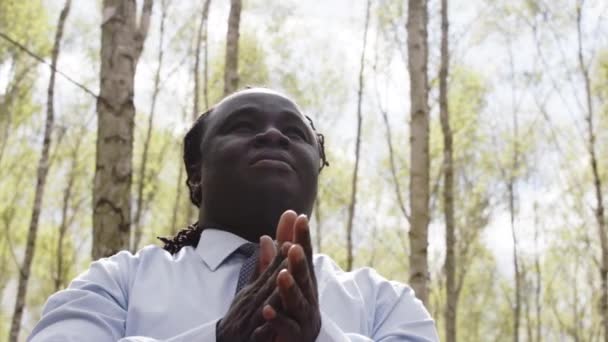 Retrato de bajo ángulo del empresario africano disfrutando del éxito en la naturaleza — Vídeos de Stock