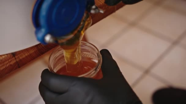 Interior de la colmena. Apicultor drenando la miel de la corteza — Vídeos de Stock