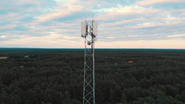 Wieża z antenami 5g wznoszącymi się nad lasem. Koncepcja telekomunikacji — Wideo stockowe