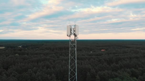 Tower with 5g antennas rising above the woodland. Telecommunication concept. Descending shot — Stock Video