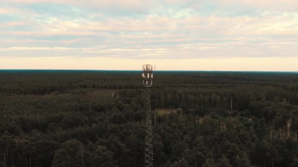 Wieża z antenami 5g wznoszącymi się nad lasem. Koncepcja telekomunikacji — Wideo stockowe