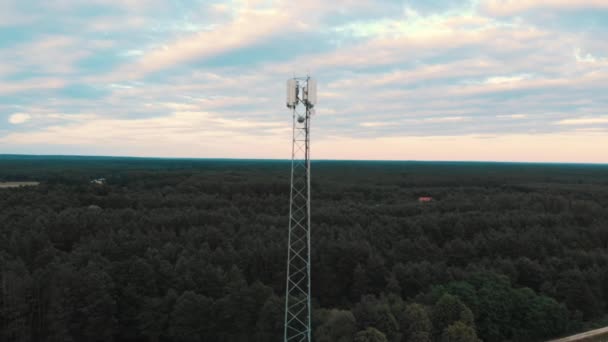 5G anteninin ağaçlarla kaplı tarlaları ve yolun üzerinde yükselen havadan görüntüsü. Kırsal kesimde. Çekim yükseliyor — Stok video