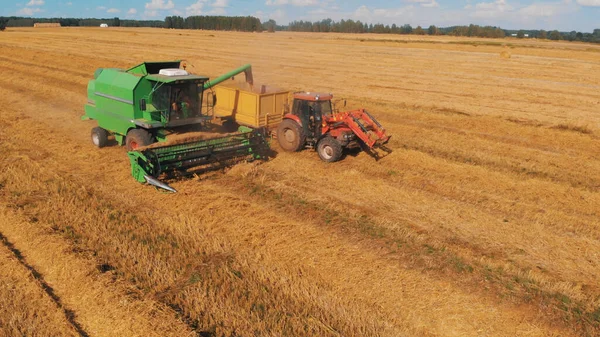 Воздушные, современные комбайны и трактор, работающие на пшеничном поле — стоковое фото