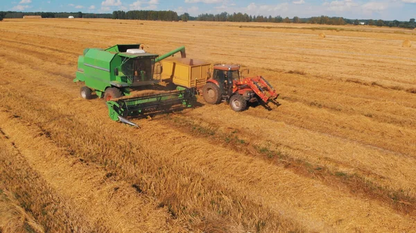 Harvesting season. Combine harvester and tractor with the trail working on the field. Aerial — Stock Photo, Image