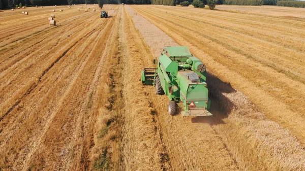 Βαρσοβία, Πολωνία 10.08.2020 μεγάλες συνδυάζουν θεριζοαλωνιστική κοπή σιταριού στο χωράφι. Γεωργικά μηχανήματα συγκεντρώνουν ώριμους σπόρους στο χρυσό χωράφι. Αεροσκάφος — Φωτογραφία Αρχείου
