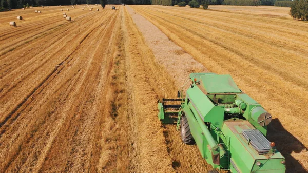 Varsavia, Polonia, 10.08.2020 Veduta aerea della grande mietitrebbia sul terreno coltivato a grano maturo dorato — Foto Stock