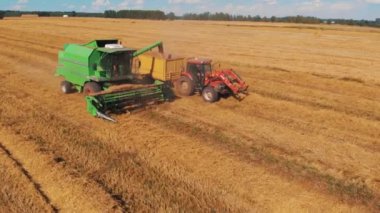 Varşova, Polonya 10.08.2020 Traktör römorkuyla birlikte buğday hasat ediyor.