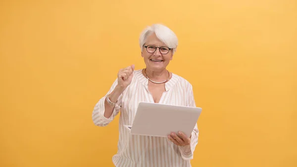 Sonriendo feliz mujer mayor mostrando puño después de mirar la pantalla del ordenador portátil — Foto de Stock