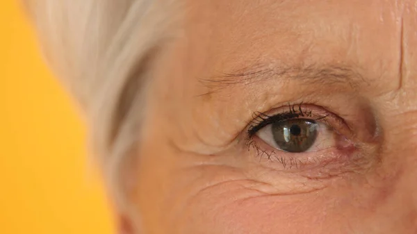 Makro strzał zielonego oka starej kobiety. Przestrzeń kopiowania — Zdjęcie stockowe