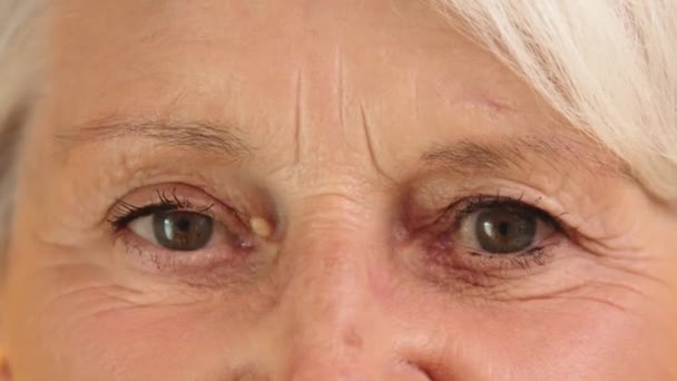 Close up, green eyes of old smiling woman with gray hair — Stock Video