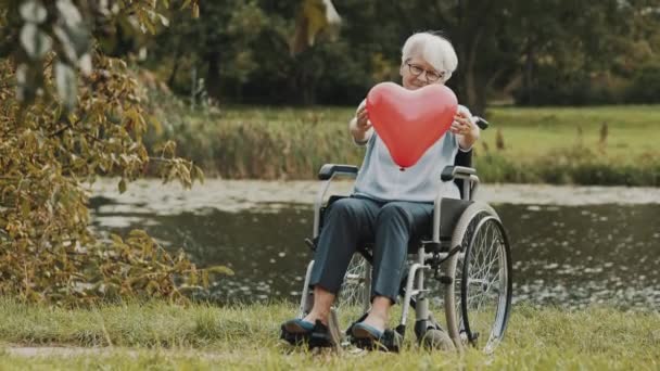 심장 모양의 풍선을 들고 있는 강 근처의 휠체어에 앉아 있는 나이든 여자 — 비디오