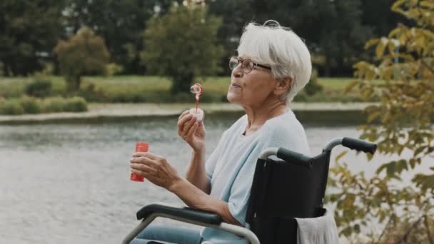 Senior grijs harige gehandicapte vrouw in de rolstoel blazen zeepbellen in de buurt van de rivier — Stockvideo