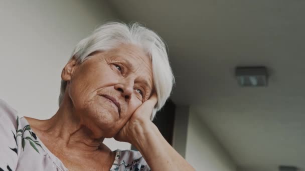 Porträt einer älteren grauhaarigen Frau, die in die Ferne blickt. Schuss aus spitzem Winkel — Stockvideo