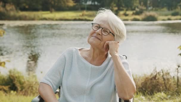 Vieille femme pensive en fauteuil roulant assise près de la rivière — Video