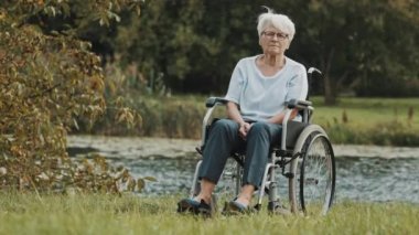 Nehir kenarındaki tekerlekli sandalyedeki yaşlı, düşünceli kadın.