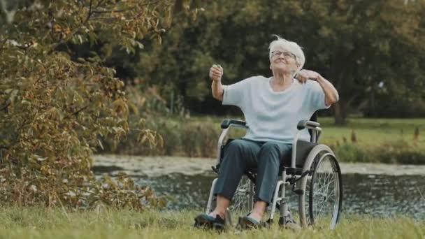 휠체어를 타고 강 근처에서 손을 내밀고 있는 연로 한 여자 — 비디오