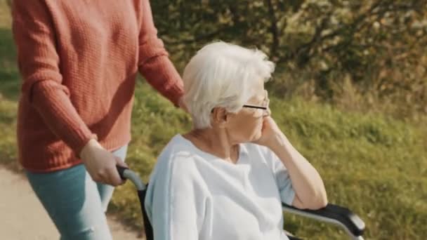 Starsza babcia na wózku inwalidzkim z wnuczką jesienią. Spacerując wzdłuż rzeki — Wideo stockowe