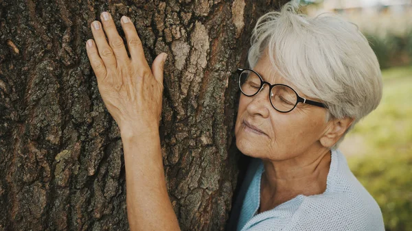 오래 된 나무를 껴안고 있는 노부인 — 스톡 사진