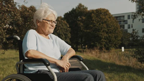 Старшая женщина-инвалид, сидящая в инвалидном кресле в парке, наслаждаясь осенним бризом — стоковое фото