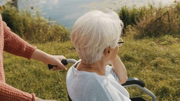 Mujer joven empujando a la anciana en la silla de ruedas al aire libre. Disparo en el hombro —  Fotos de Stock
