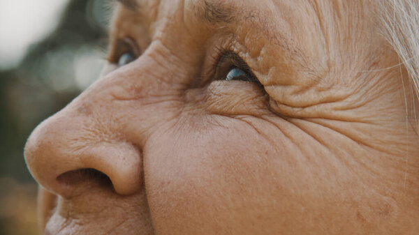 Close up, eyes of old woman in the park. looking up in the sky
