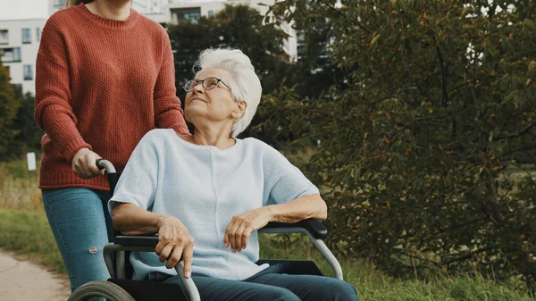 Взрослая внучка помогает бабушке сидеть в инвалидном кресле в парке — стоковое фото