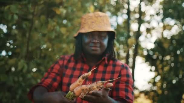 Zufriedener afrikanischer Bauer zeigt frisch geerntete Orangenkarotten — Stockvideo