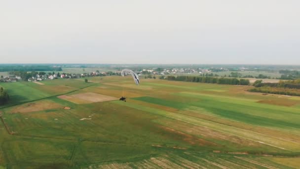 Flygfoto av en paramotor glider genom luften över gröna fält — Stockvideo