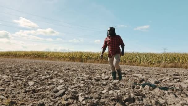 Afrikaanse boer wandelen acros de geploegde landbouwveld met maïs en powerline op de achtergrond. Langzame beweging — Stockvideo