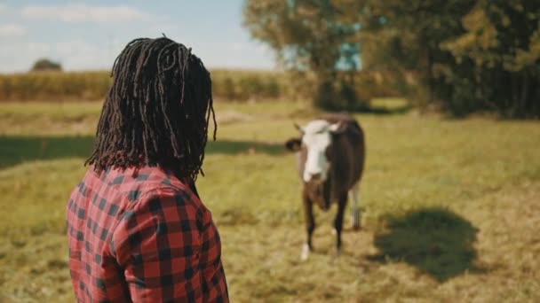 Африканский фермер с большими пальцами на фермерском поле с коровой на заднем плане — стоковое видео