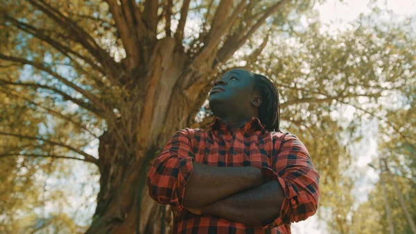 Hombre africano con las manos cruzadas sobre el pecho mirando alrededor bajo el viejo árbol —  Fotos de Stock