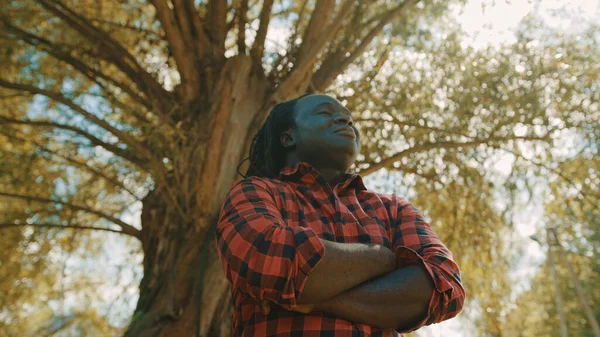 Hombre africano con las manos cruzadas sobre el pecho mirando alrededor bajo el viejo árbol —  Fotos de Stock