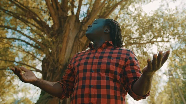 El hombre africano toma un gran aliento levanta las manos y mira hacia el cielo. Rayos de sol entrando por el árbol. Concepto de esperanza y oración —  Fotos de Stock