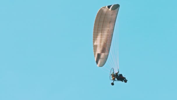 Paramotorgliding tandem, dois parapentes voando contra o céu azul brilhante — Vídeo de Stock