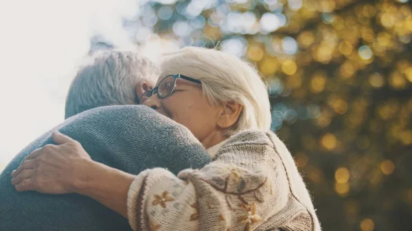 Pareja mayor enamorada abrazándose en el parque en un día de otoño —  Fotos de Stock