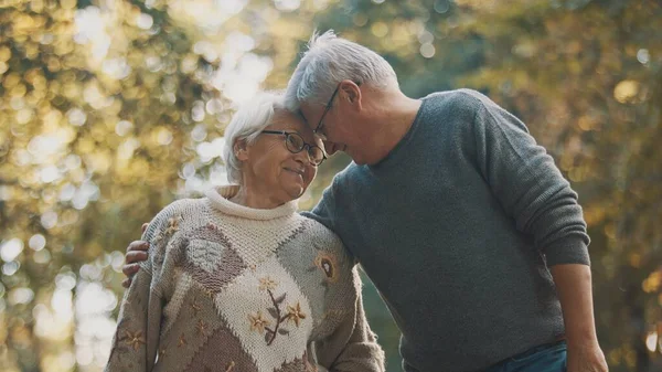 Счастливая пожилая пара в романтической прогулке в парке в осенний день — стоковое фото