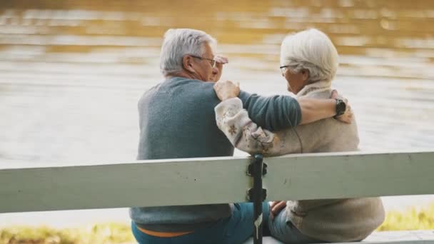 秋天的一天，一对年长的灰发夫妇坐在河边的长椅上。浪漫与老年 — 图库视频影像