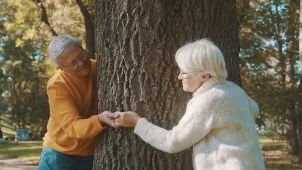 Vecchia coppia avendo romantica giornata autunnale nella foresta. Abbracciare l'albero e sorridere — Video Stock