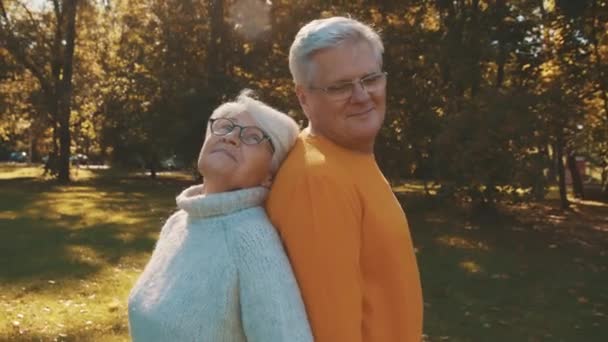 老年时的爱和感情。退休夫妇在森林里享受秋天的一天，背靠背地笑着 — 图库视频影像