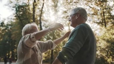 Parkta kucaklaşan mutlu yaşlı çift. Kıdemli adam yaşlı bir kadınla flört ediyor. Sonbahar günü