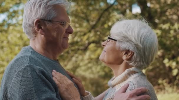 Χαρούμενο ζευγάρι που χορεύει στο πάρκο του φθινοπώρου. Ανώτερος άντρας φλερτάρει με ηλικιωμένη γυναίκα. Φιλί στο μέτωπο στο πάρκο την ημέρα του φθινοπώρου — Αρχείο Βίντεο