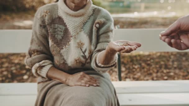 古い脆弱な失われたまたはホームレスの女性はコインを得る。認知症と精神問題の概念 — ストック動画